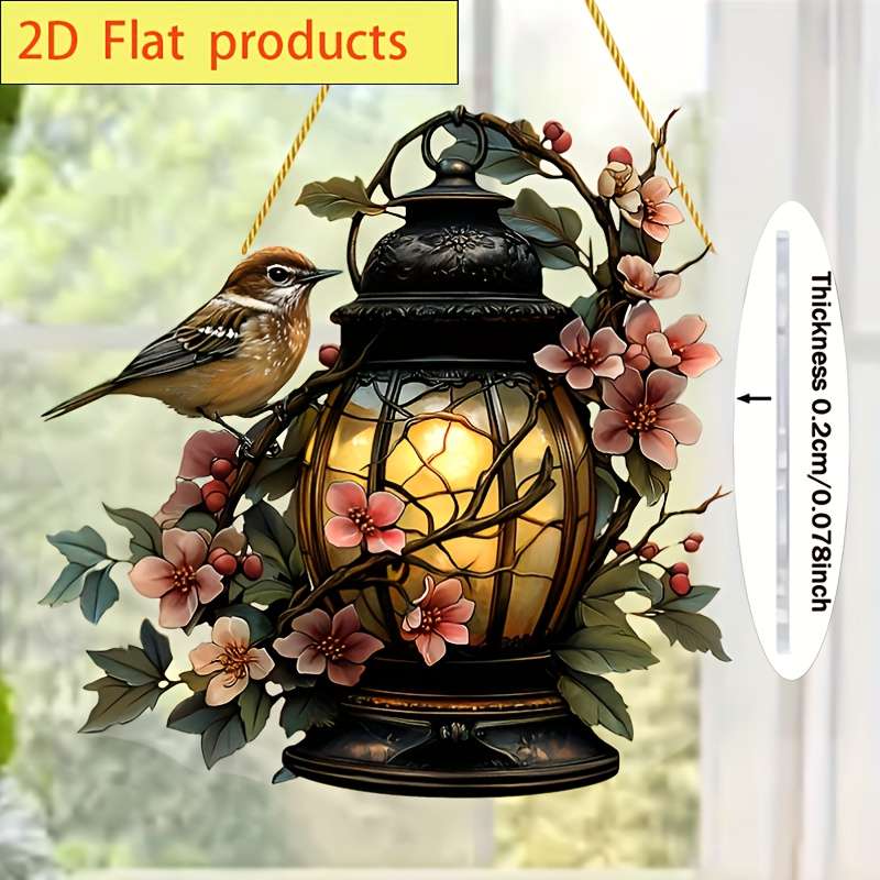 1pc 2D Flat   Acrylic Sparrow and Lantern Sun Catcher Rustic Wall Hanging Decor with Pink Flowe