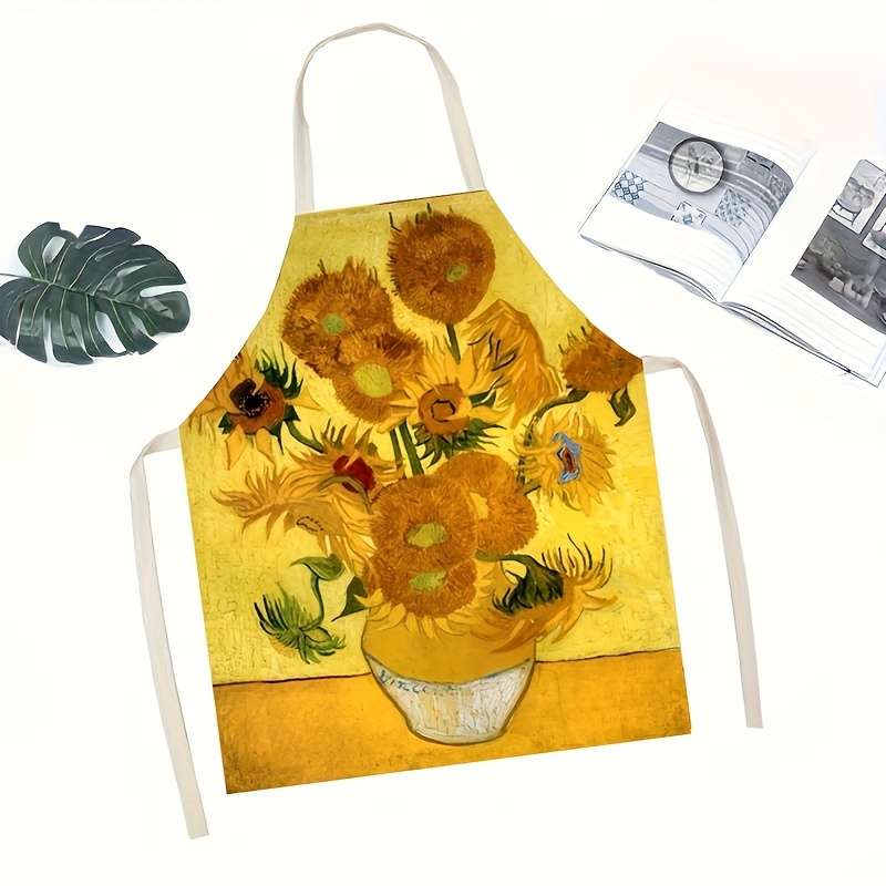 1pc Sunflower Pattern Linen Apron 100% Linen Woven Fabric 150 gsm Weight Creative Kitchen Co
