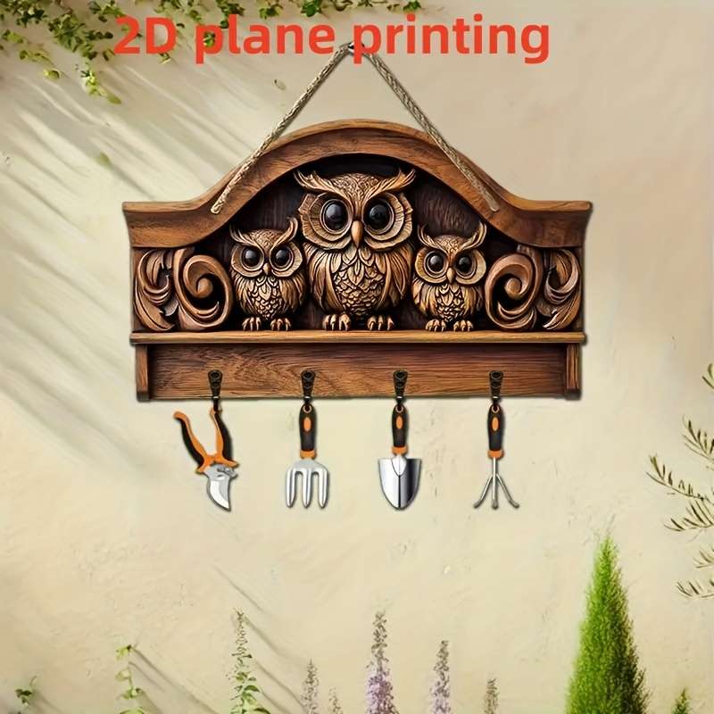 A 2D Printed Piece Featuring Three Owls a Simple And Colorful Wooden Key Hook with Four Metal Hooks