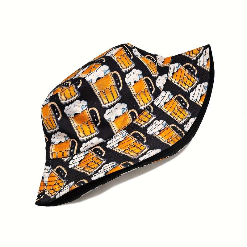 1pc FUODRAO Men'S Stylish Beer Print Bucket Hat Double-Sided Sun-Protective Beach Cap for Outdoo
