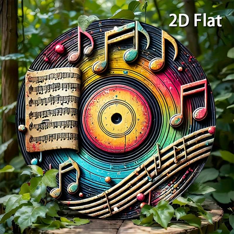 1pc 2D Flat  Vintage Metal Sign with Colorful Music Notes and Records Aluminum Round Poster wi