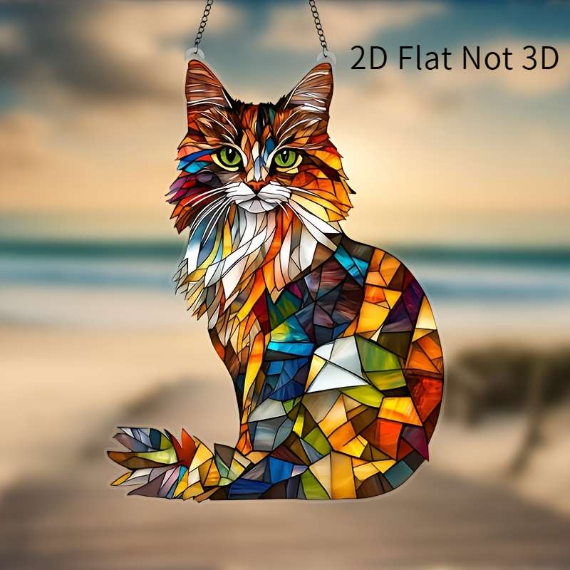 1pc 2D Flat   Acrylic Colorful Long-Haired Cat Sun Catcher 6.2x8 Inches Vibrant Mosaic Wall Ar