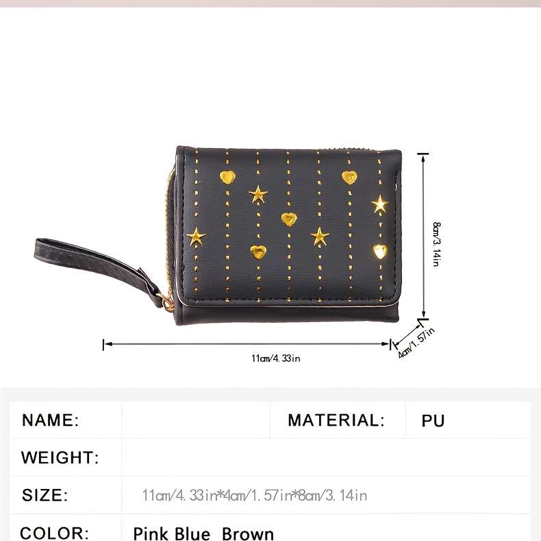 1pc 2025 Newest Women'S Fashionable Short Wallet Black with Golden Star and Heart Design Slim Mu