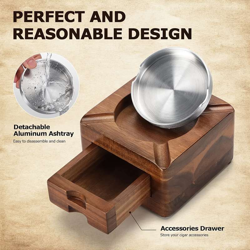 1pc Vintage Wooden Cigar Ashtray with Drawer Rectangular Tabletop Metal Interior Multipurpose