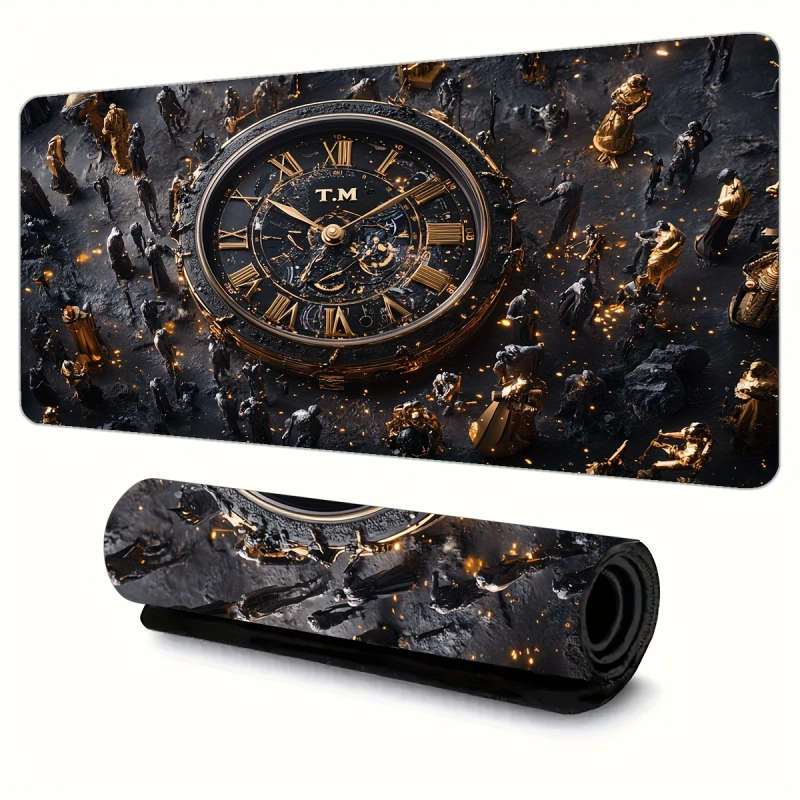1pc 30x80cm Luxurious Black And Golden Mechanical Clock Pattern Mouse Pad