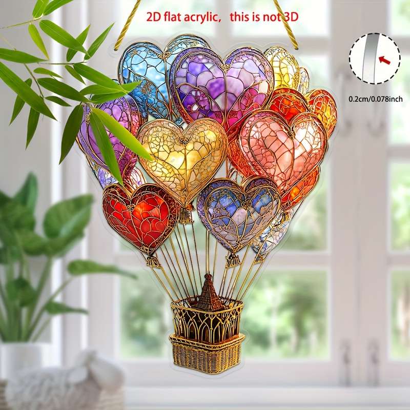 1pc 2D Flat   Elegant Heart-Shaped Hot Air Balloon Acrylic Sun Catcher  Stained Glass Style