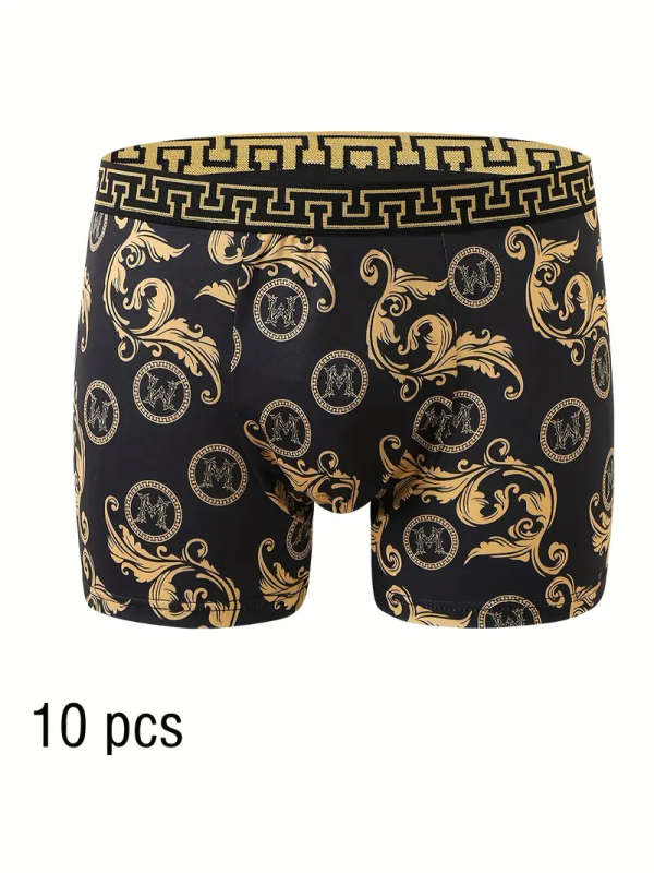 10pcs Men's Boxer Briefs Size M Black and Golden Print High Stretch Polyester Knit Fabric Quick-Dry