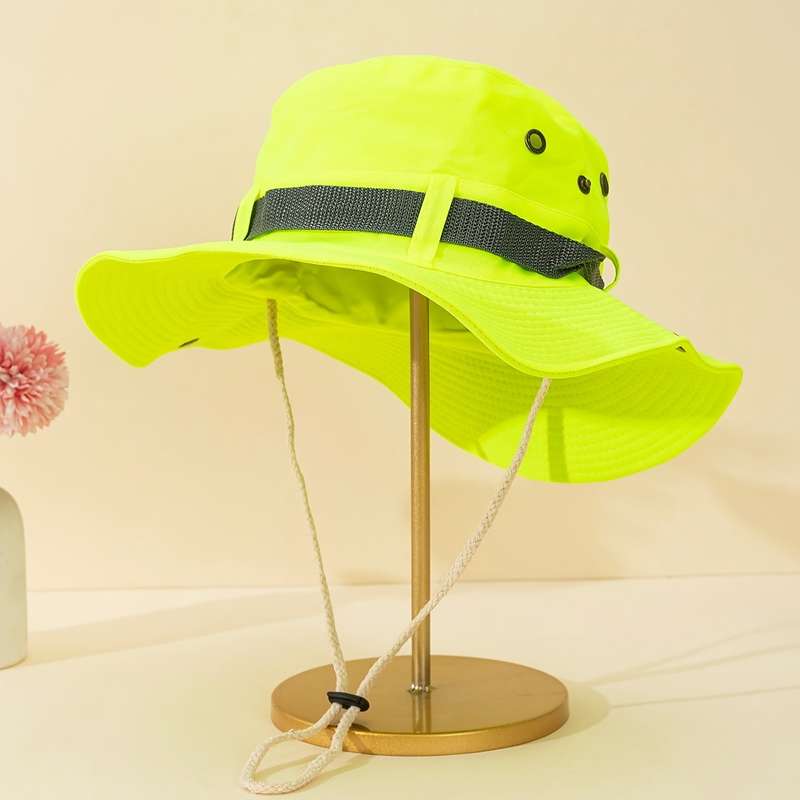 1pc Bright Neon Green Western Cowboy Bucket Hat with Black Mesh Band Breathable Sun-Protective W