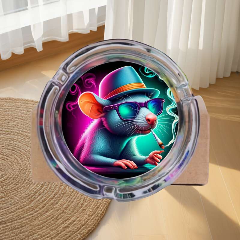 1pc Whimsical Rat Design Glass Ashtray Round Vibrant Blue Pink Artwork with Glasses Hat