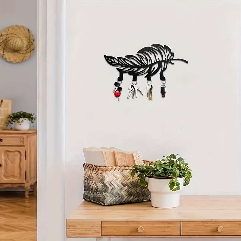 Boho-Chic Metal Feather KeychainEasy Install Wall Hook for Keys Coats  MorePerfect for Hallw