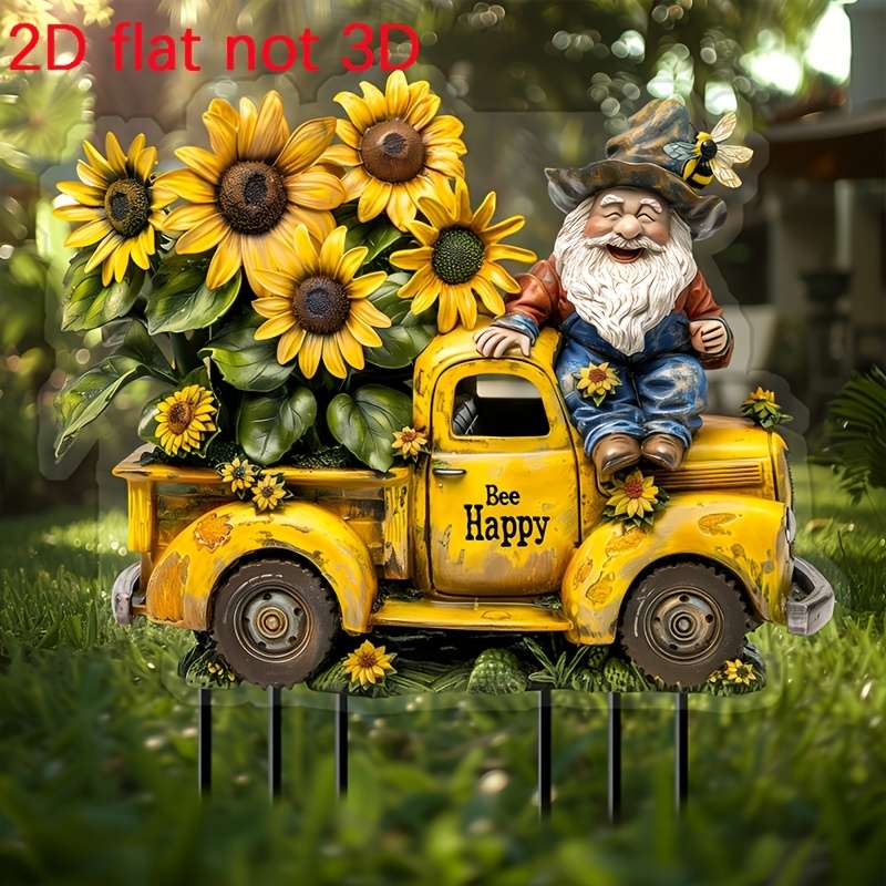 1pc 2D Flat  Happy Bee Driving Vintage Truck Garden Stake Perfect for Yard And Lawn Perfect Flowe