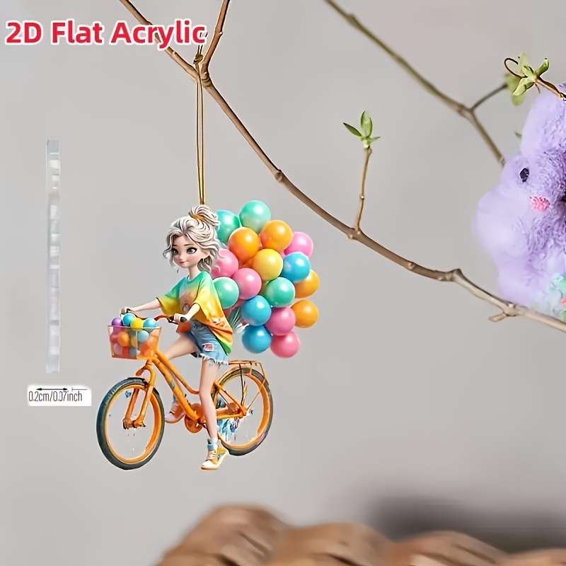 1pc 2D Flat   Cute Girl Riding Bicycle with Colorful Balloons Acrylic Hanging Ornament Vibrant