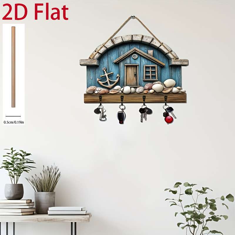 2D Flat 1pc Seaside Shell Cabin Simple Colorful Wooden and Home Key Hanger with Four Metal Hooks 2
