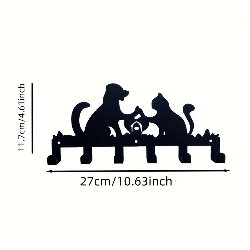 1pc Whimsical Cat  Dog Metal Wall Hook RackContemporary Black Silhouette Design with 6 Hooks for