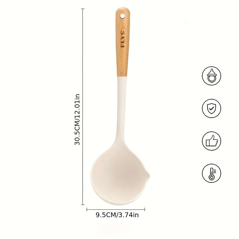 1pc Silicone Soup Spoon with Wooden Handle Large High-Temperature Resistant Ideal for Servi
