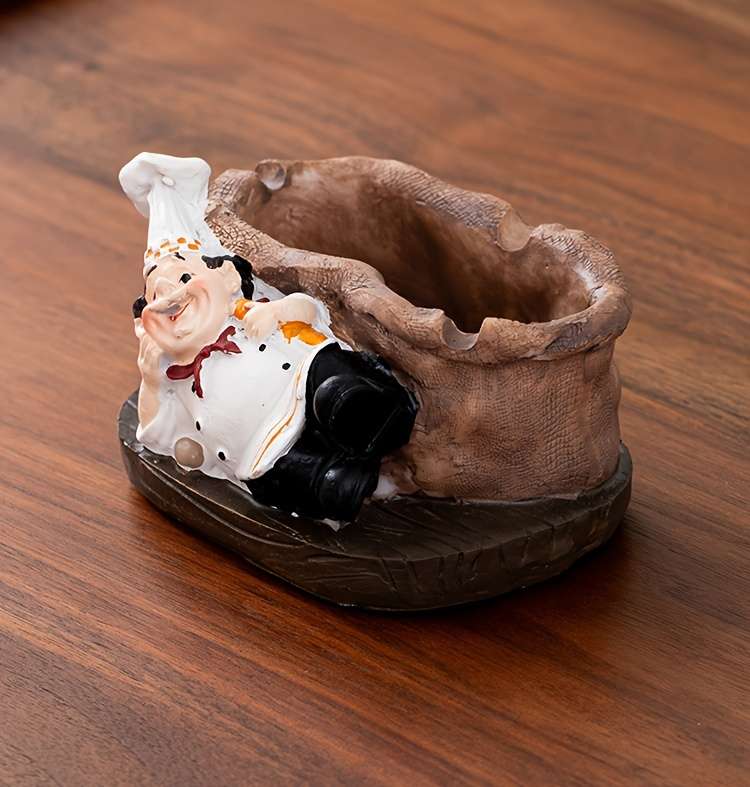 1pc Vintage Chef Ashtray Resin Food-Themed Oval Shape No Power Needed Home Kitchen Deco
