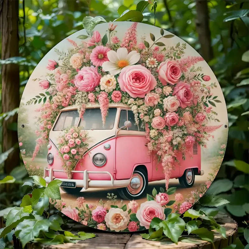 1pc Vintage Pink Van with Floral WreathAIron Wall Art Sign 1 Piece Durable and Easy to Hang Ideal fo