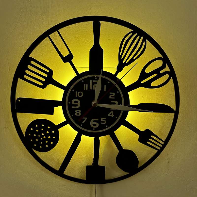 1pc Vintage Kitchen 7 Color LED Lights Vinyl Wall Clock Silent Round Clock with Utensil Design U