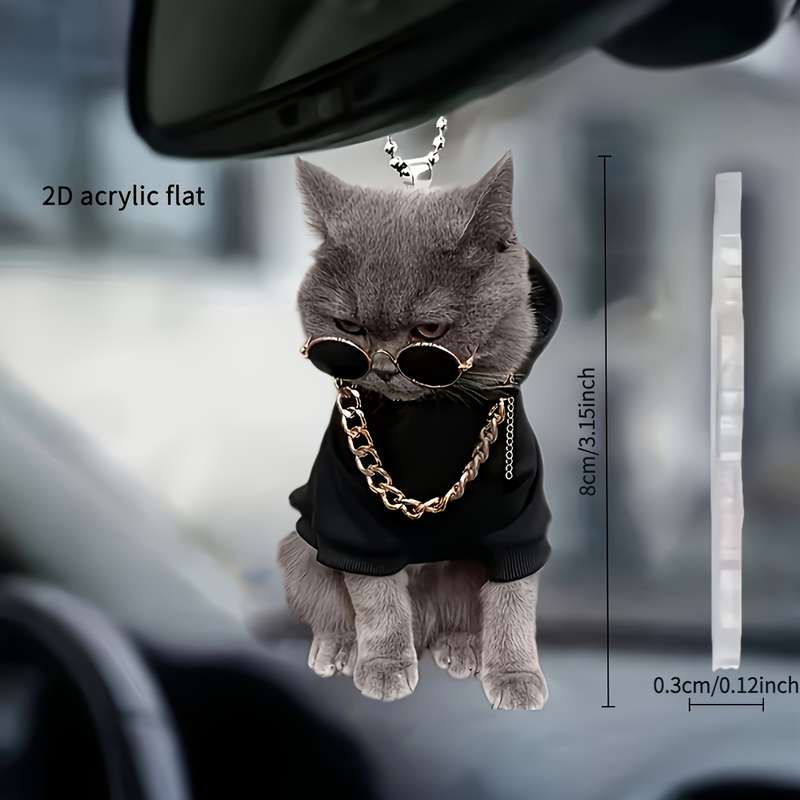 1pc 2D Flat   Stylish Acrylic Kitten Pendant with Glasses Chain Ideal for Car Mirrors Backpa