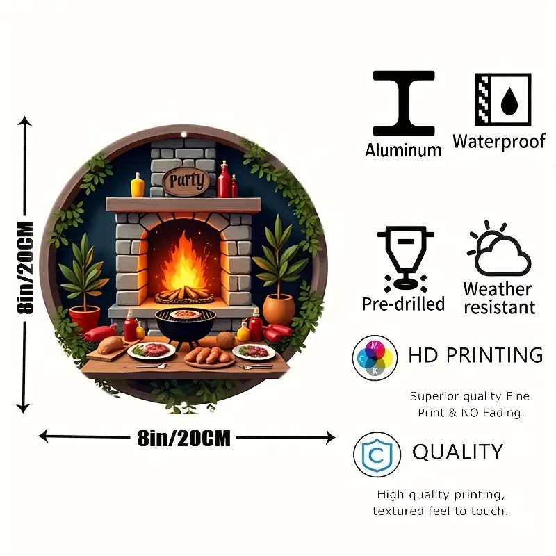 1pc 20.32x20.32cm Round Aluminum Sign Rustic BBQ Party Scene Wall Decor with Stone Fireplace Grill a