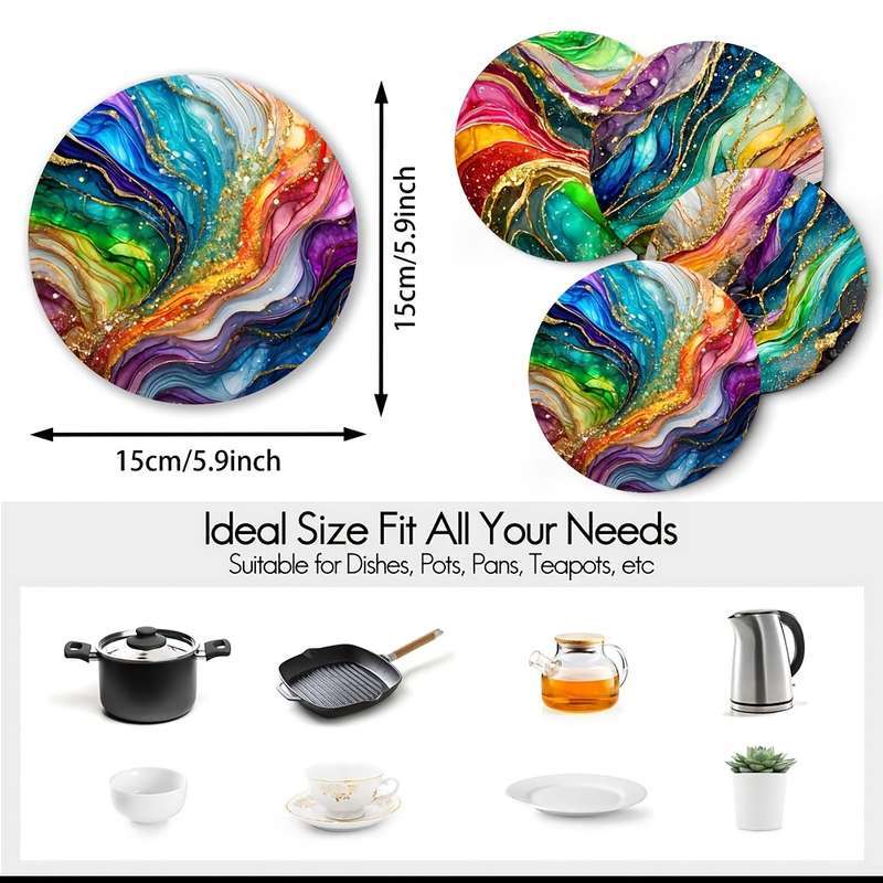 4pcs Rainbow Marble Pattern Wooden Trivet Placemats Heat Resistant Pot Holders Multipurpose