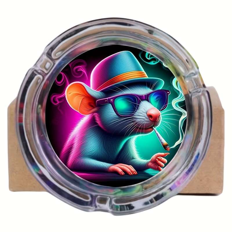 1pc Whimsical Rat Design Glass Ashtray Round Vibrant Blue Pink Artwork with Glasses Hat