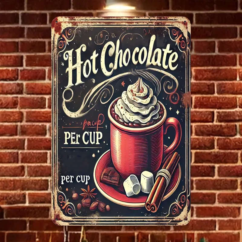 1pc Vintage Hot Chocolate Aluminum Metal Sign Retro Wall Art Decor for Indoor Kitchen Cafe Bar Garag
