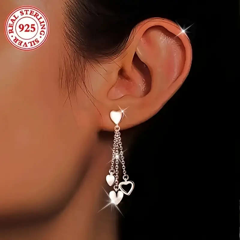 925 Sterling Silver Plated Tassel Heart Pendant Earrings