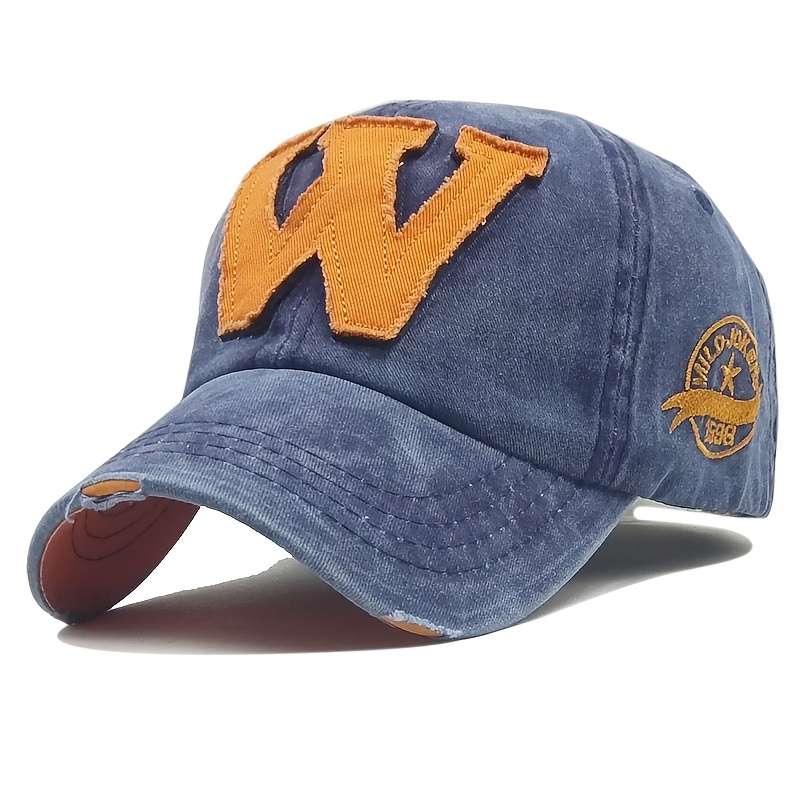 1pc Vintage Washed Embroidered "W" Baseball Cap Adjustable Fit Sweat Absorbent Sun Protection