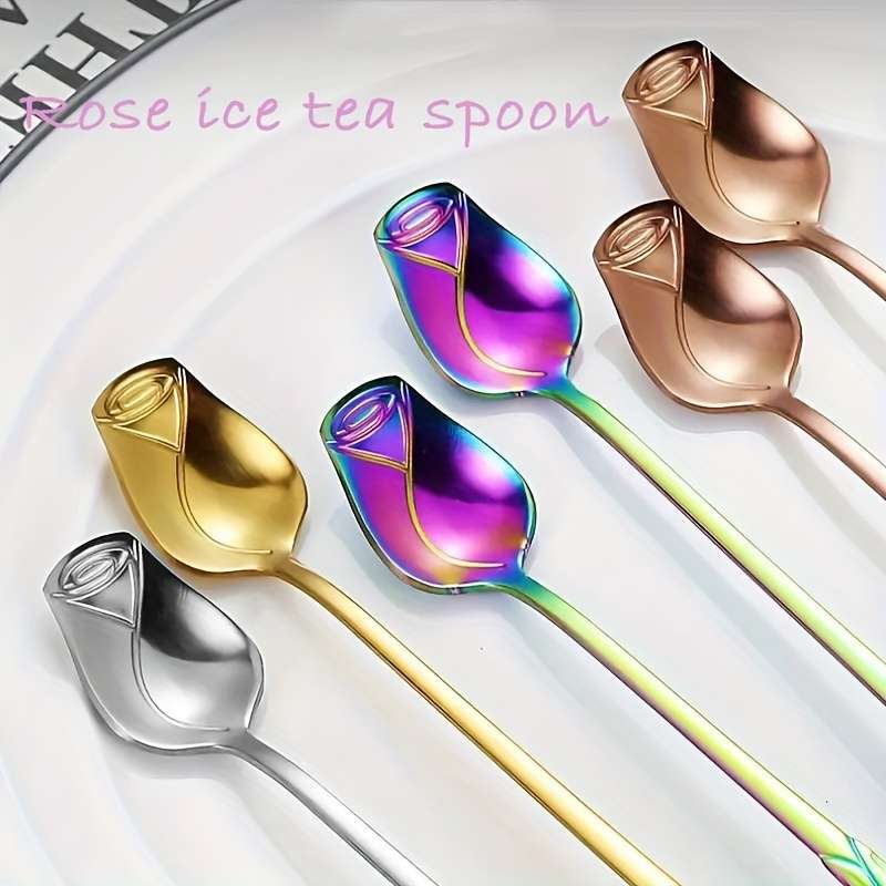 8pcs High-Quality Stainless Steel Rose Flower Spoon Fashionable Design 6.77-inch Long Handle