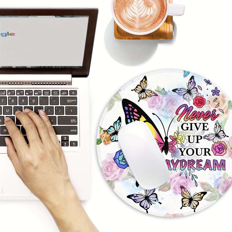 1pc 19.81cm Butterfly Round Mouse Pad with Inspirational Quote Non-Slip Rubber Base Vi
