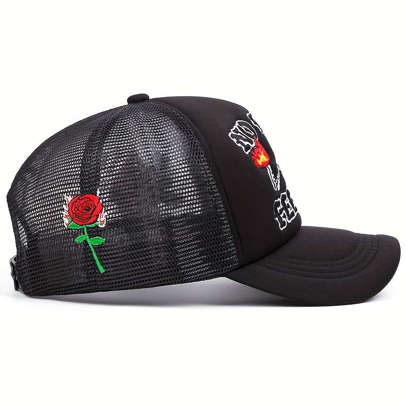 1pc Flame Skull Rose Embroidered Baseball Cap Lightweight Adjustable Snapback for Outdoor Spor