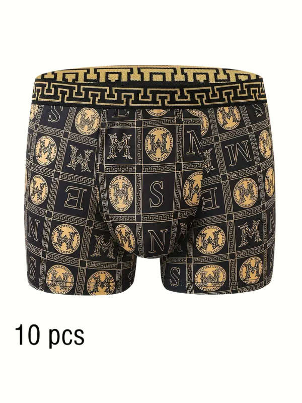 10pcs Men's Boxer Briefs Size M Black and Golden Print High Stretch Polyester Knit Fabric Quick-Dry