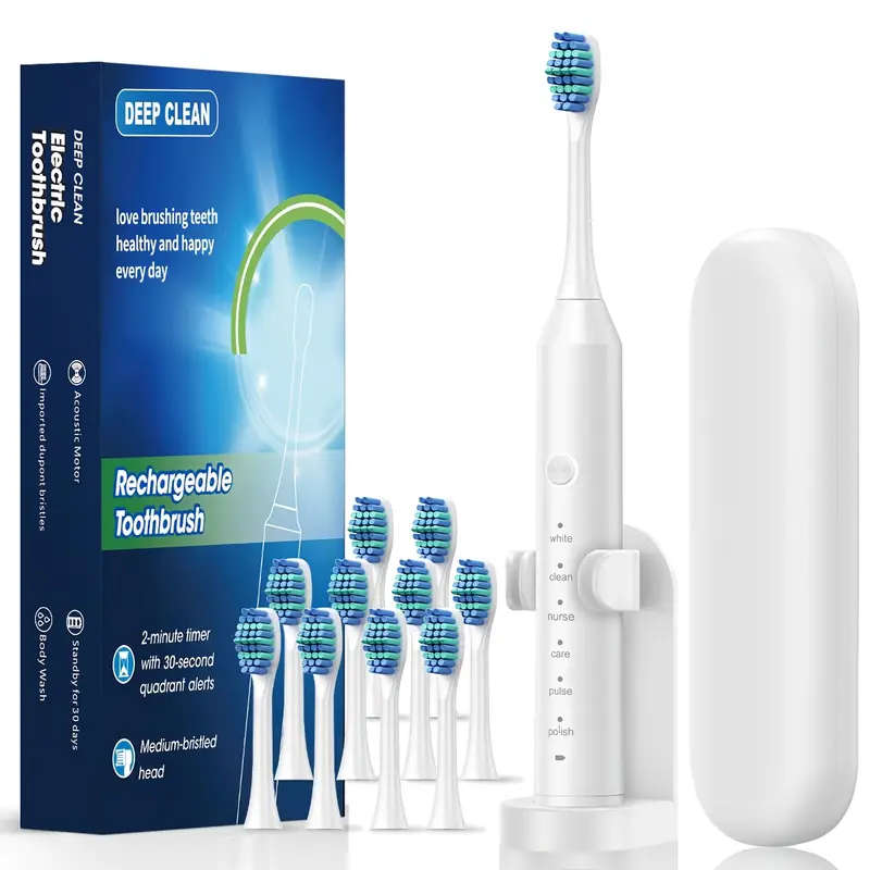 1set Automatic Rechargeable Electric Toothbrush for Adults 10 Brushes  6 Cleaning Modes 500mAh