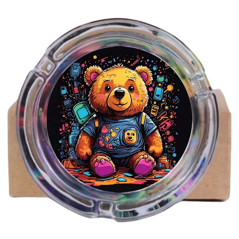 1pc Creative Round Glass Ashtray with Cute Teddy Bear Design Vibrant Colors Whimsical Artwor