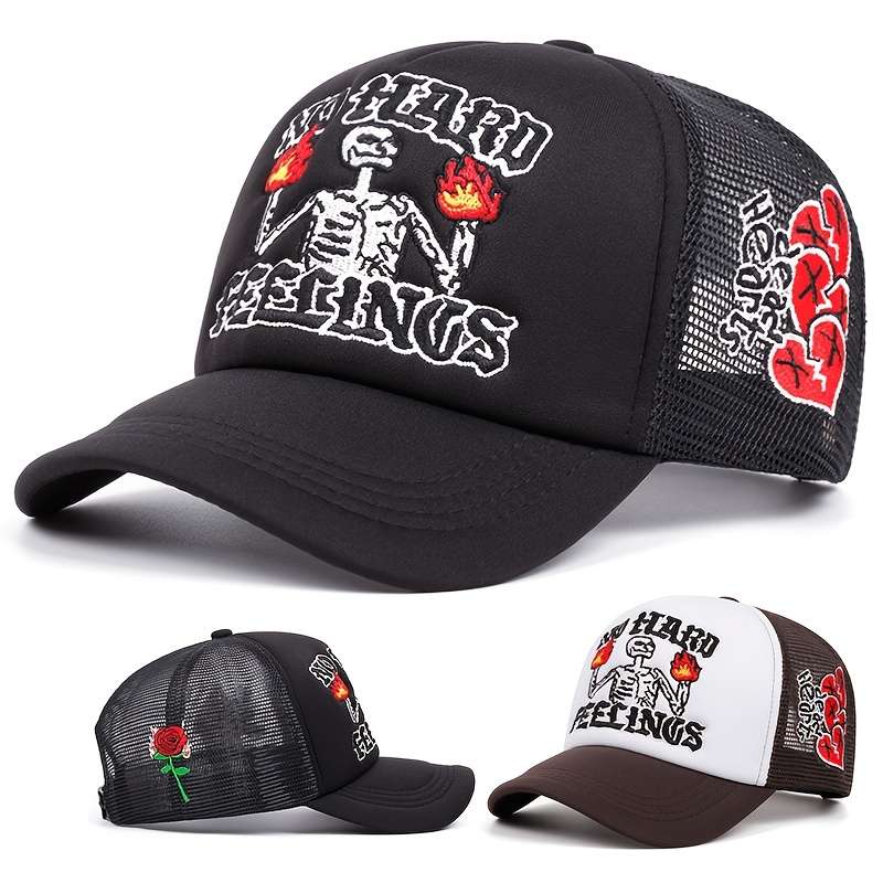 1pc Flame Skull Rose Embroidered Baseball Cap Lightweight Adjustable Snapback for Outdoor Spor