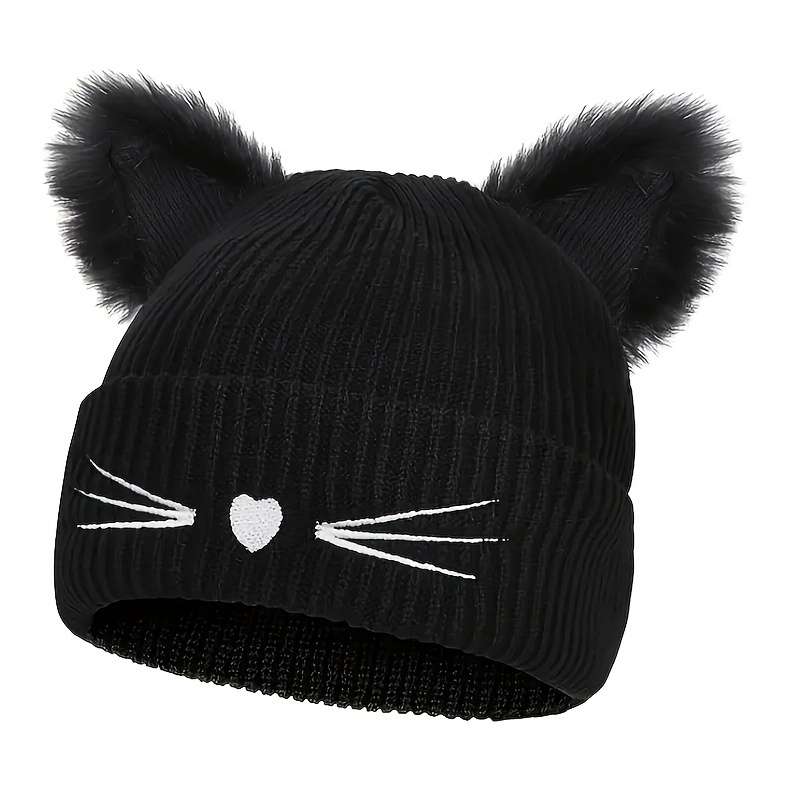 1pc Women's Cute Cat Ear Knit Beanie with Embroidery Acrylic Stretch Skull Cap for Winter Warmth