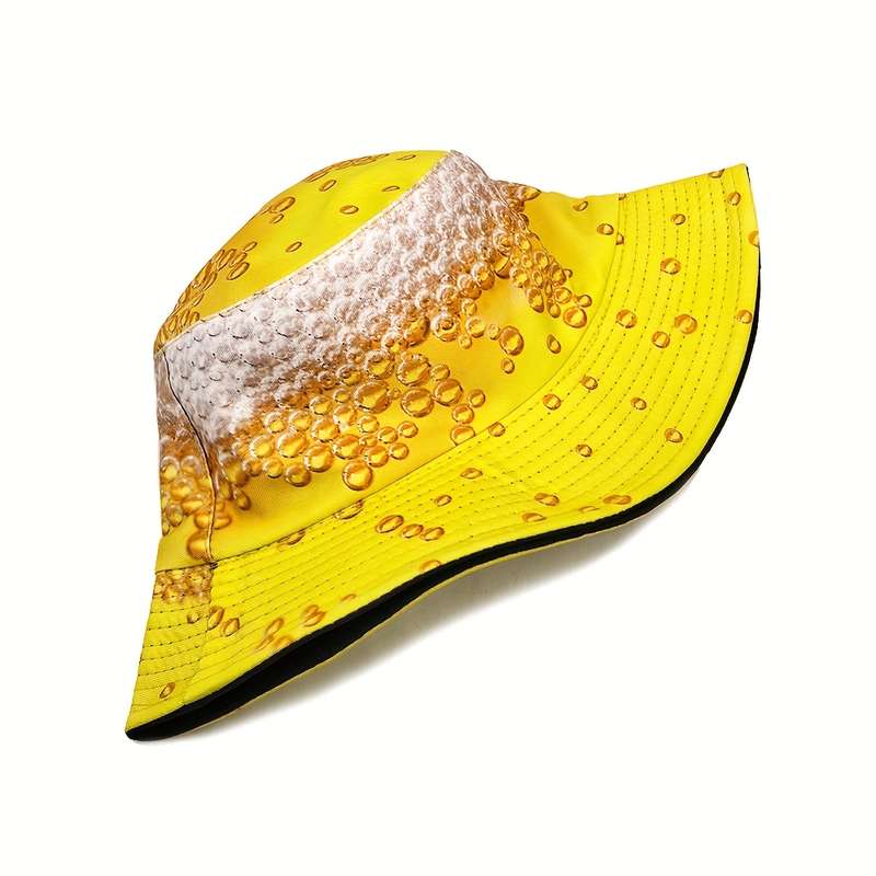 1pc MIACAWOR Reversible Beer Print Bucket Hat Vibrant Yellow Orange Double-Sided Design Lightw