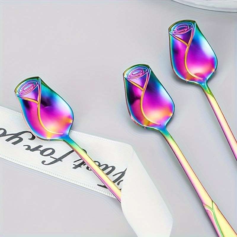8pcs High-Quality Stainless Steel Rose Flower Spoon Fashionable Design 6.77-inch Long Handle