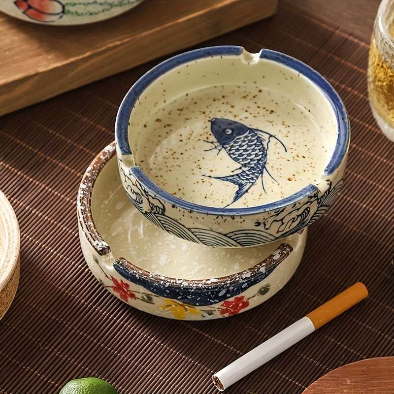 1pc Rustic Ceramic Ashtray with Lid Round Smoke Ashtray for Home Living Room Hotel Restaurant
