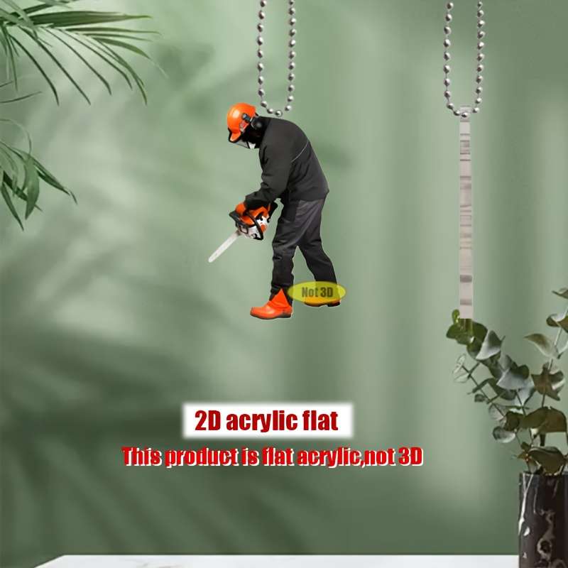 1pc 2D Flat  Acrylic  Design Pendant Worker Using Chainsaw Themed Durable with Chain fo