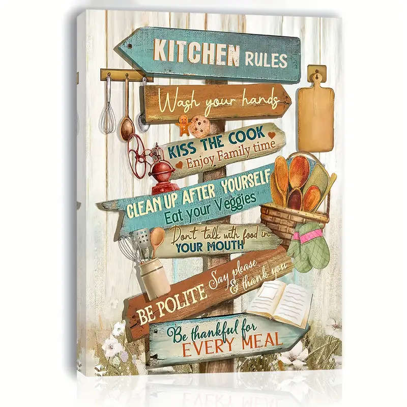 1pc Farmhouse Kitchen Rules Wall Art Wooden Frame Canvas Print Woven Decor for Living Room Bedroom K