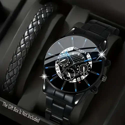 2pcs set Fashionable Men'S Watch Set Shockproof Quartz Wristwatch and Alloy Bracelet Round Case Non-