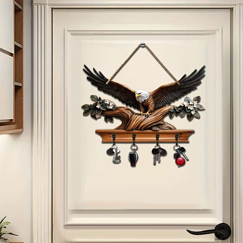 1pc Eagle Spreading Wings Simple Colored Wooden and Key Hanger with Four Metal Hooks (30.0cm x 24.