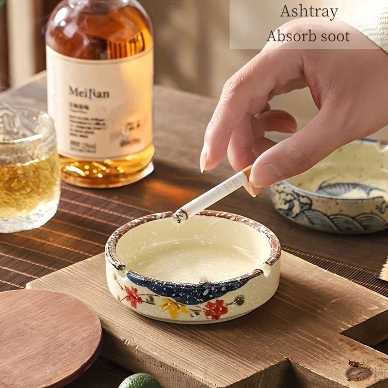 1pc Rustic Ceramic Ashtray with Lid Round Smoke Ashtray for Home Living Room Hotel Restaurant