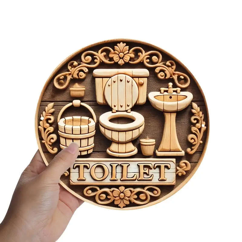 1pc Rustic Wooden Toilet Sign, 20.32x20.32 cm Round Wall Decor Bathroom Wall Art Wooden Wall Hanging