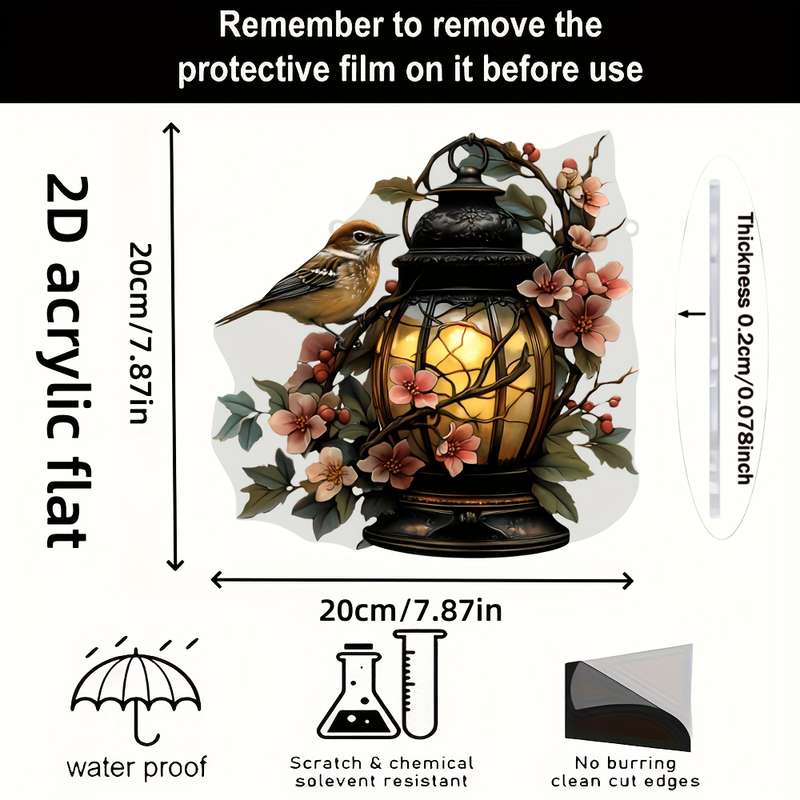 1pc 2D Flat   Acrylic Sparrow and Lantern Sun Catcher Rustic Wall Hanging Decor with Pink Flowe