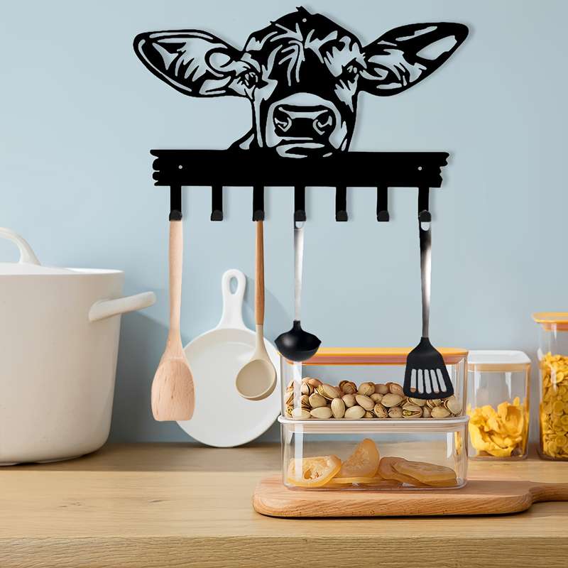 1pc Chic Cow-Head Metal Key  Coat Hook RackRustic Black Wall-Mounted Design with Powder-Coated F