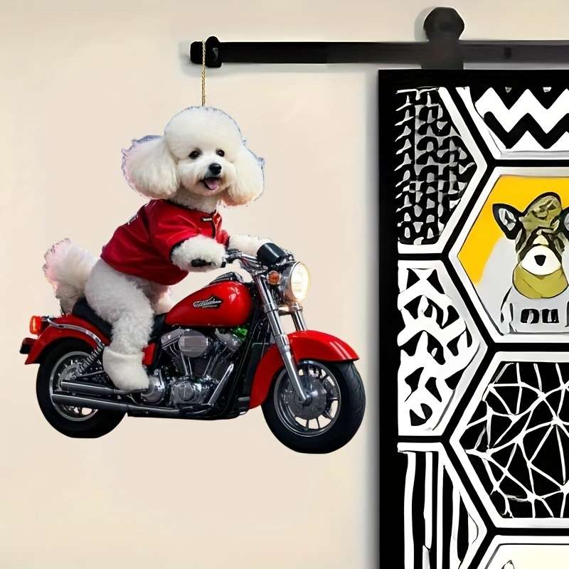 1pc 2D Flat   Adorable Bichon Frise on Motorcycle Acrylic Hanging Ornament Charming Red-Dress