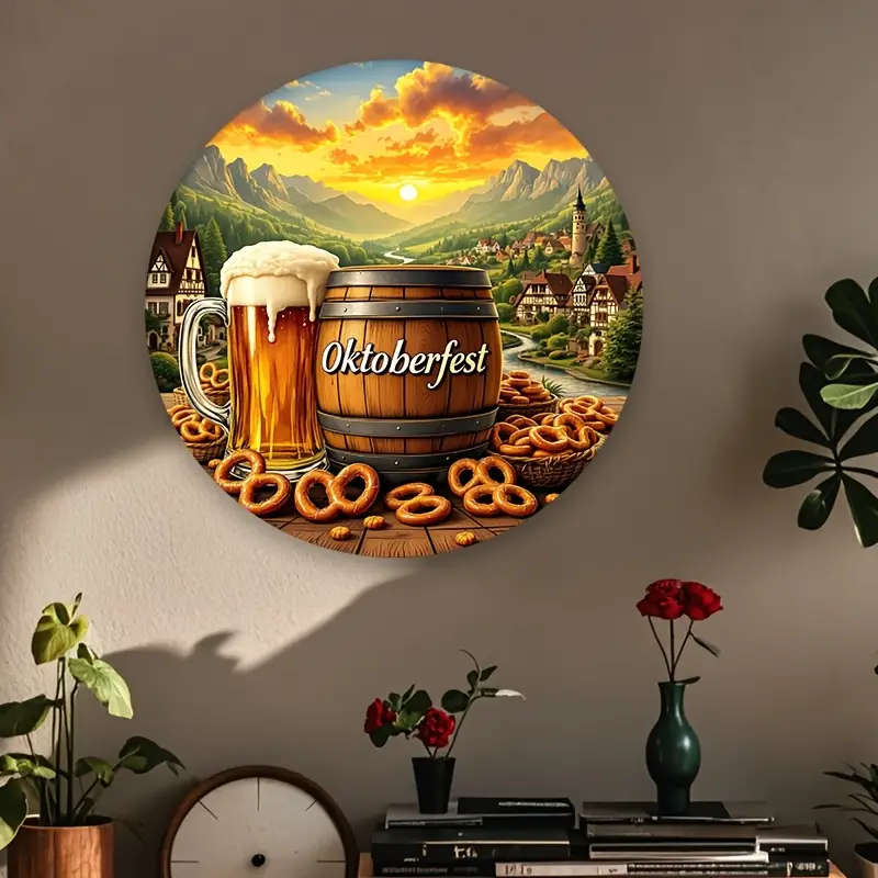 1pc Oktoberfest Round Aluminum Sign 20.32x20.32 cm Festive Beer and Pretzel Scene Ideal for Home Kit